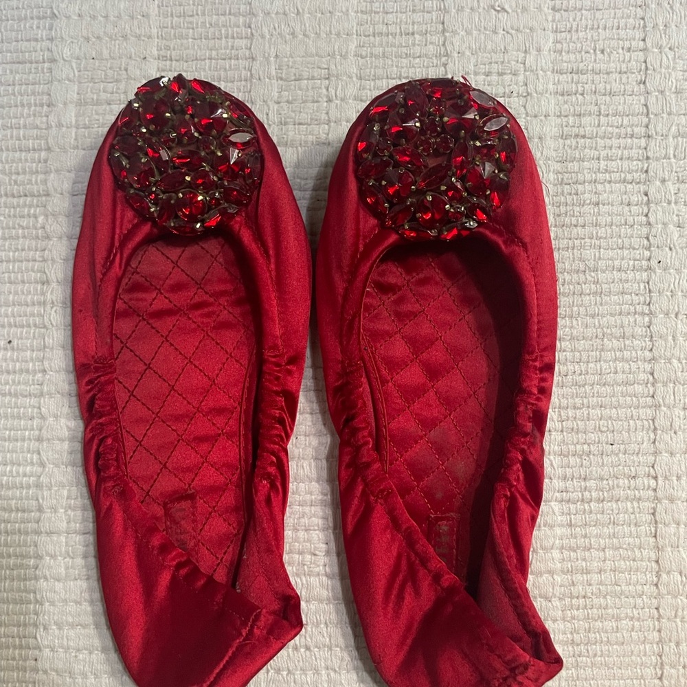 Nine West Red Satin Jeweled Ballet Flats
